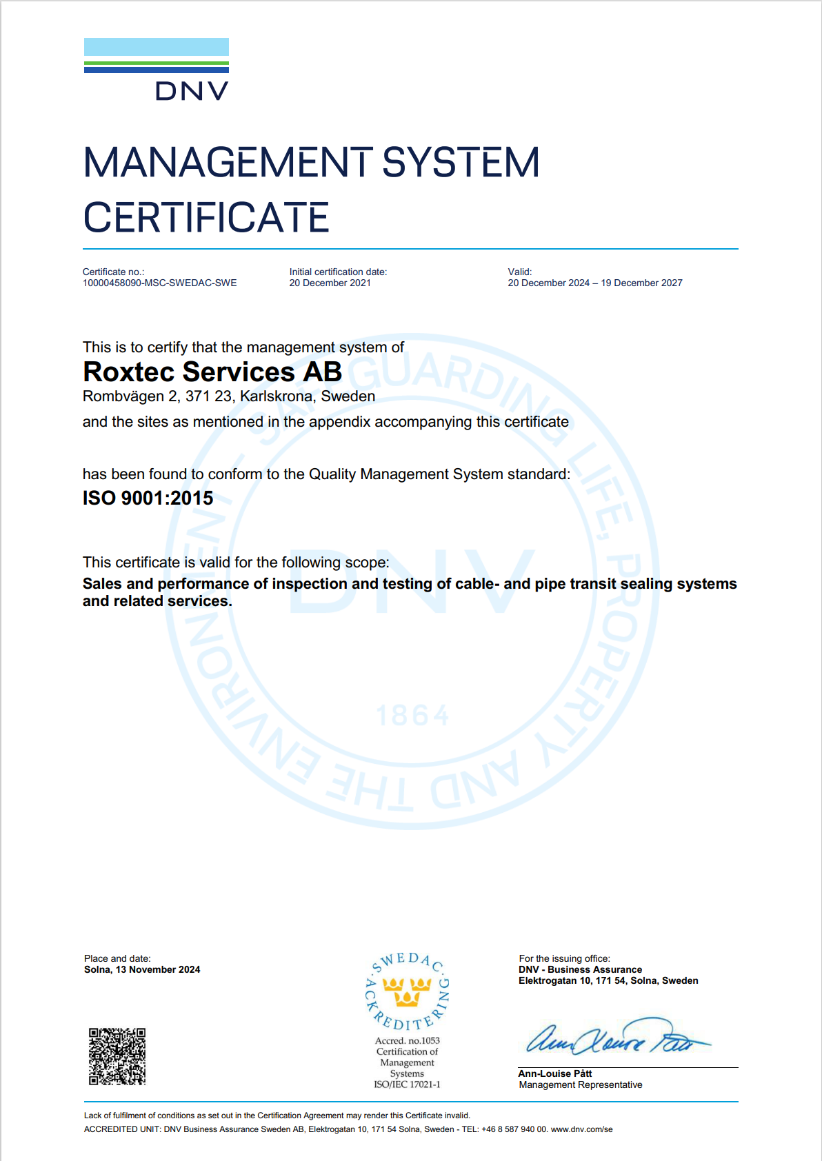 ISO 9001 证书 Roxtec Services AB
