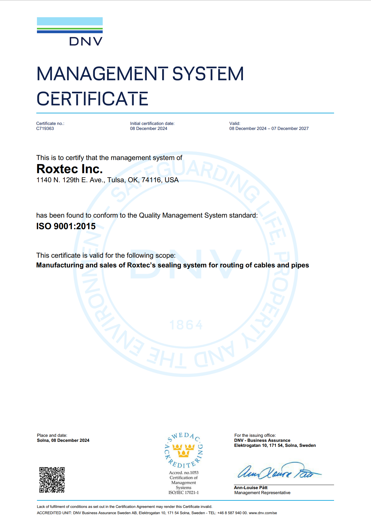 ISO 9001 证书 Roxtec Inc.