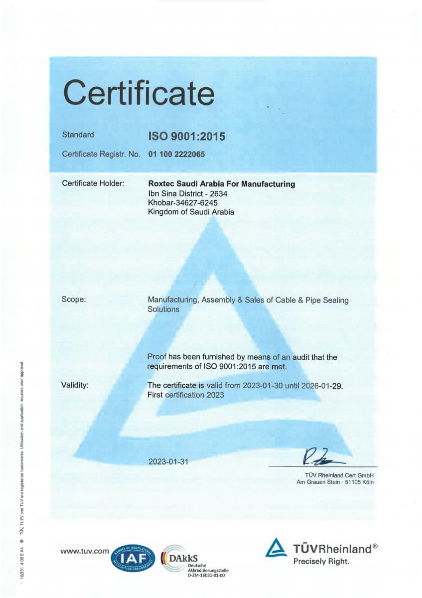 ISO 9001 证书 Roxtec Saudi Arabia For Manufacturing