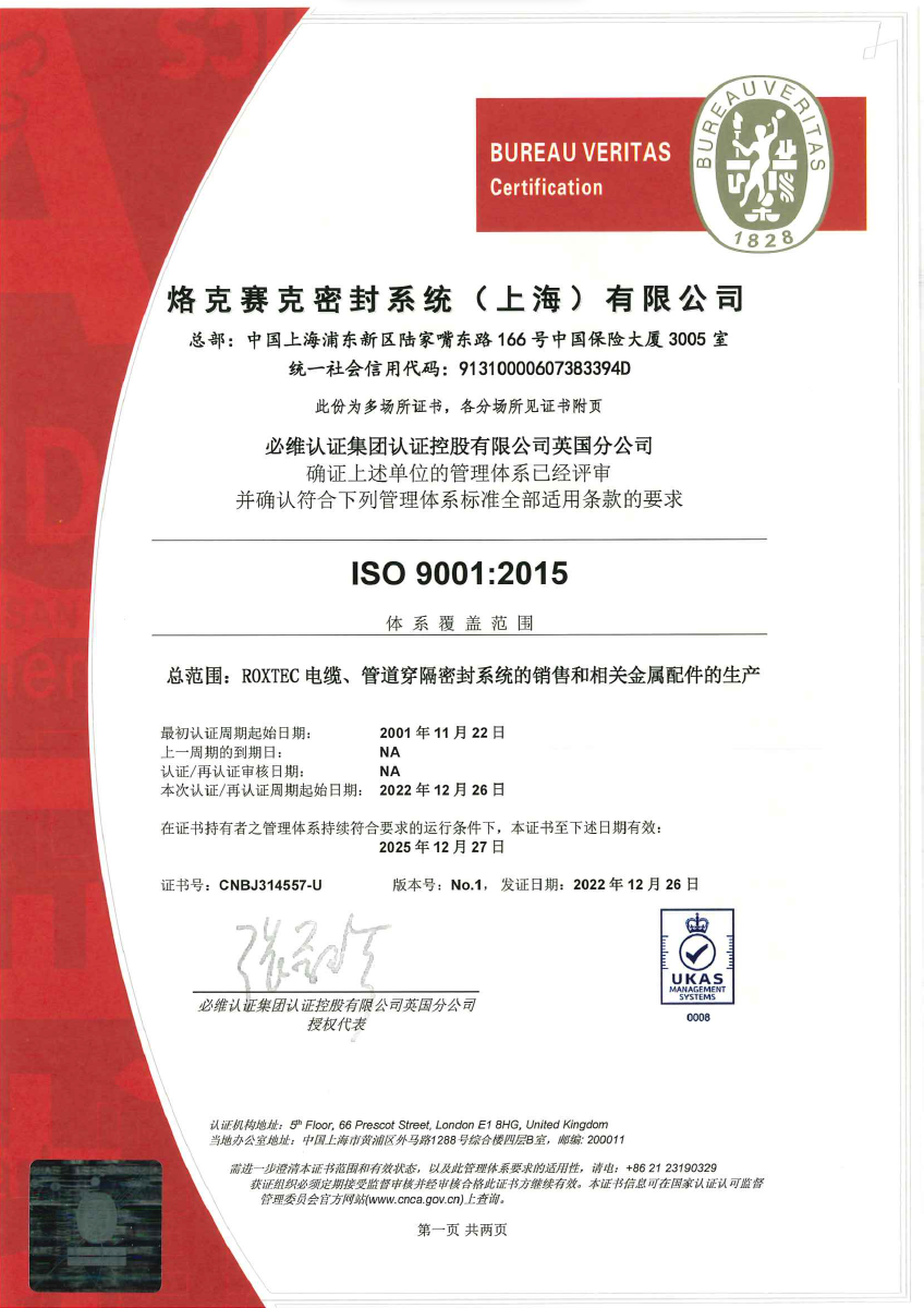 ISO 9001 证书 Roxtec 密封系统（上海）有限公司